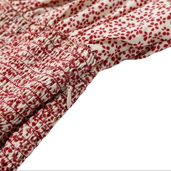 Boho Cream Red Square Necked Smocked Waist Top - Picture 6 of 8